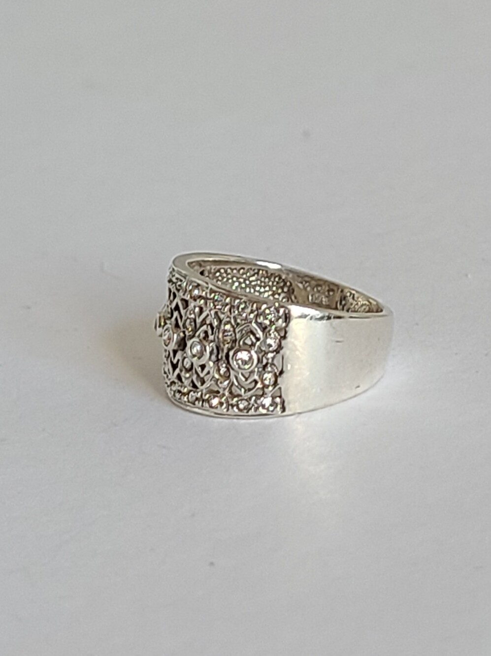 Elegant Sterling Silver CZ Rhinestone Crystal Filigree Chunky Wide Band Ring 6 - Picture 8 of 15